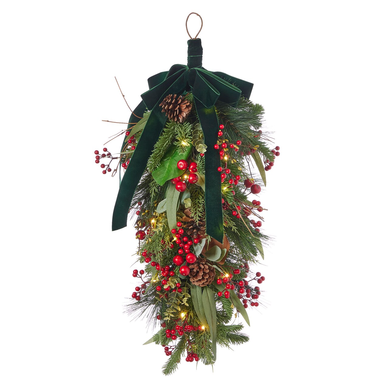 Christmas Magnolia Leaf, Eucalyptus, and Berry 30in Swag, Pre-Lit with 35 LED Fairy Lights B/O